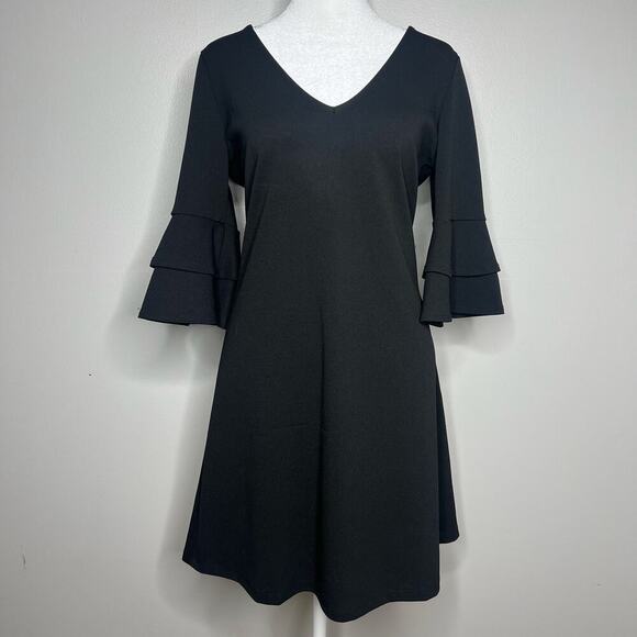 Women's Black Bell Sleeve Mini Dress V-Neck Size M. Stretch A-Line LBD Witchy - Picture 1 of 9